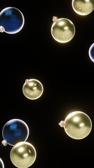 Vertical 3d Christmas tree New Year falling ornaments baubles gold navy metallic glitter shiny festive holiday winter background copy space banner luxury photorealistic lights sparkle bokeh frame
