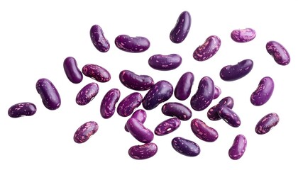 Overhead shot of numerous, vibrant purple-and-red-speckled beans scattered against a stark white backdrop, showcasing their distinct shapes