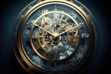 Naklejka premium Golden clock face with visible intricate mechanism is showing the passage of time