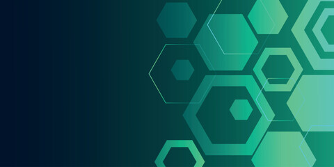 Dark green gradient abstract background with overlapping hexagon geometric lines decoration. Background concept with modern and futuristic hexagon shape design for cover, banner, certificate, website.