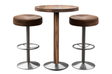 Bar table with two round stools featuring a wooden top and metal base, perfect for casual dining or social gatherings at home or in a restaurant setting