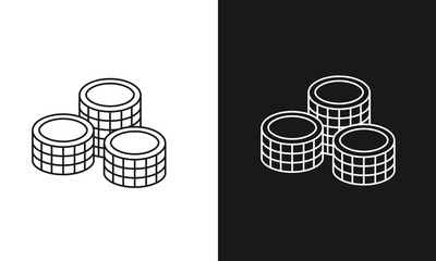 Minimalist Stacks of Coins Line Art Icon, Simple Isometric Casino Chips Symbol, Modern Vector Graphic for Finance, Banking, Wealth, and Gaming, Black and White Versions.