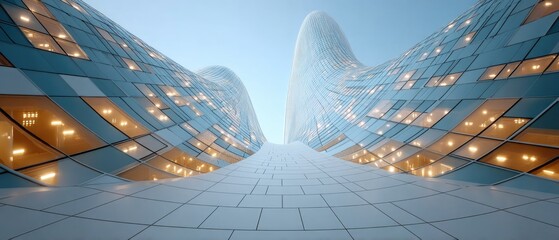 Abstract Futuristic Architecture with Geometric Patterns and Warm Orange Lights on a Clear Blue Sky Background
