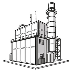 Industrial factory building with tall smokestack and multiple chimneys in a clean line art style