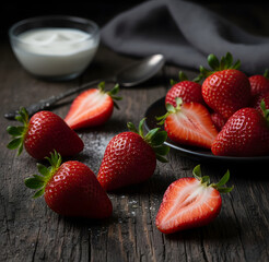 Fresh Strawberries with Leaves, Dark Rustic Food Photography