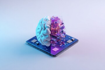 A 3D render of a brain and a circuit board, implying merging of human intellect and technology