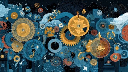 Complex gears and clocks at night