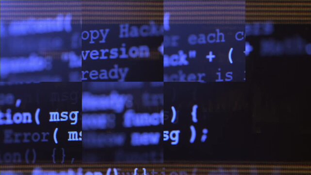 Close up of computer screen with blue programming code, glitch distortion and digital noise, futuristic hacker background, system error, data corruption and cybersecurity concept. Software hack