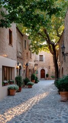 Charming European Cobblestone Alleyway Lined With Stone Buildings and Potted Plants Bathed In Golden Hour Sunlight With Lush Green Tree Overhead