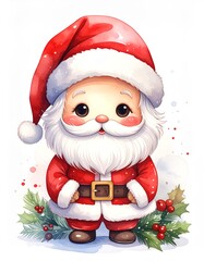 Cute chibi whimsical Santa watercolor illustration, isolated on white background
