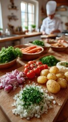 Chef In White Uniform Prepares Fresh Vegetables In A Bright Sunlit Kitchen With A Variety Of Chopped Ingredients In The Foreground