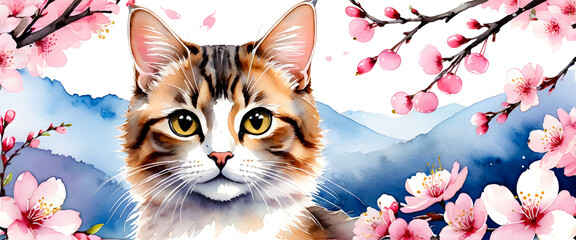 Watercolor cat portrait with cherry blossom background. Tricolor cat close up with blooming sakura. Calico cat face with cherry branches and blue hills. Illustration of cat among blossoms.