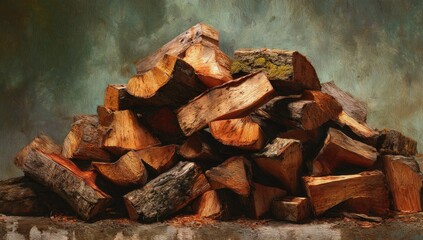 A pile of stacked firewood against a textured background
