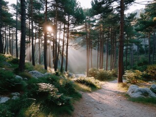 Cinematic Forest Scene at Sunrise With Golden Light Rays Filtering Through Tall Pine Trees Onto A Winding Dirt Path In The Wilderness