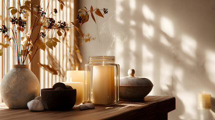 Warm, serene spa scene with lit candles on wood shows soft light. Ideal for wellness, relaxation, or product display.