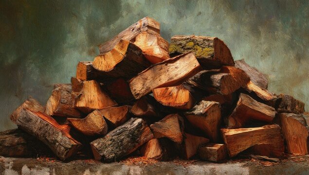A pile of stacked firewood against a textured background
