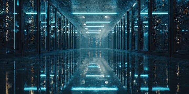 Dark server room hallway with reflections