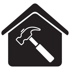 Black and White House and Hammer Silhouette Icon Design