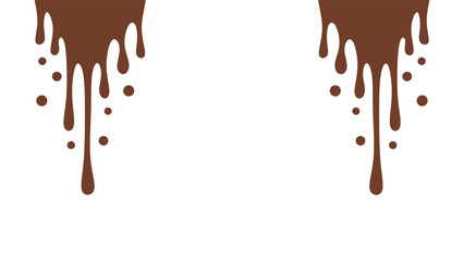 Melted chocolate or syrup drips isolated on a white background. Flowing liquid chocolate border element. A sweet brown syrup or sauce that melts and drips.