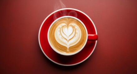 A cup of cappuccino with heart-shaped latte art sits in a red saucer on a matching background, symbolizing love, warmth, coffee culture, and the artistry of barista-crafted beverages.