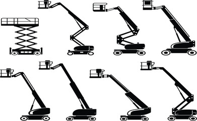 Aerial Work Platform Silhouette Vector Set, Boom Lift, Scissor Lift, and Elevated Platform Equipment, Construction and Maintenance Machinery Graphic Icons Collection.
