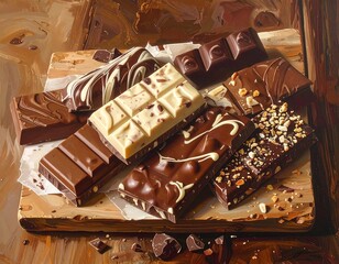 A close-up shot of assorted bars of chocolate, with different toppings and swirls, arranged on a wooden serving board