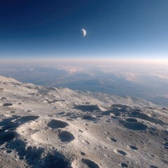 Close-up cinematic HDR photograph of the Moon surface with craters and a distant Earth city skyline under a clear blue sky and crescent moon