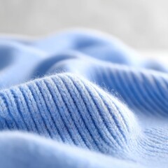 Close up detail of a light blue knitted wool vest with visible texture and stripes on a clean white background with soft lighting highlighting the fabric weave