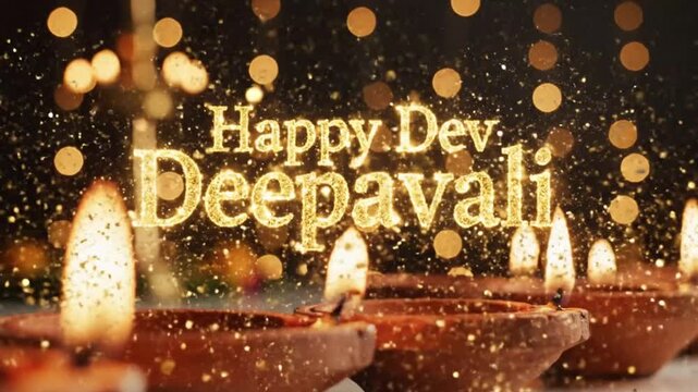happy dev deepavali celebration with glowing diya lamps