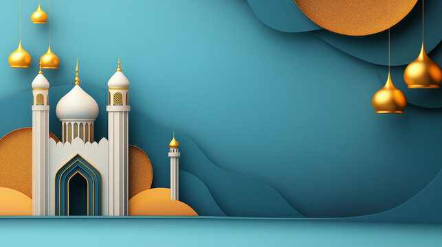 Islamic celebration background featuring white mosque with golden domes and minarets on blue with copy space
