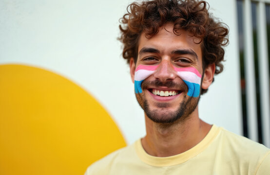 Smiling man with transgender flag face paint outside. He shows confidence and pride in his identity. Person supports LGBTQ rights and gender equality.