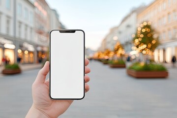 Close Up Hand Holding Blank Smartphone Screen Outdoors With Blurred City Street Lined With Shops And Festive Lights During Daytime