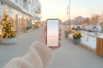 Close up hand holding smartphone showing soft light reflection in a blurred winter street with decorated trees and buildings during daytime