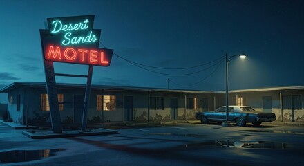 Cinematic 4k realism: a desolate 1950s roadside motel at midnight, bathed in flickering neon and eerie shadows