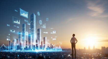 Futuristic business scene of a confident small business owner overlooking a cityscape