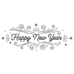 Festive Line Art Happy New Year Greeting with Decorative Swirls and Asterisks
