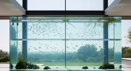 An immense, floor-to-ceiling aquarium showcases aquatic life within a contemporary living room