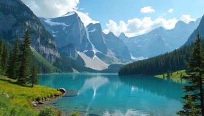 Turquoise mountain lake mirrors snow capped peaks under blue sky with clouds. Green pine forest lines the rocky shore of this vast scenic landscape. Calm clear water reflects rocky terrain.