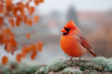 Close up macro cinematic portrait of a vibrant red cardinal bird perched on a frosted branch with autumn leaves blurred in the background during a foggy morning