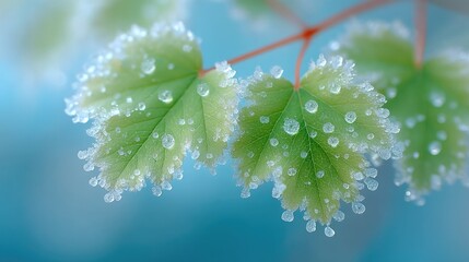 Close up macro image of delicate frost crystals and water droplets clinging to the serrated edges of vibrant green leaves with a soft blurred blue background captured in natural morning light