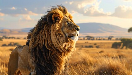 A majestic male feline with a golden mane gazes across an expansive savanna landscape under a cloudy, warm sky