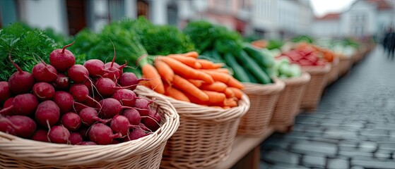 A vibrant outdoor market stall displays fresh red radishes carrots and green vegetables in woven baskets on a cobblestone street with buildings in the background under soft natural light
