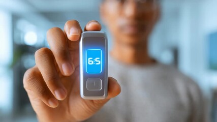 Close up of a hand presenting a digital glucose meter with a clear blue screen showing a blood sugar level. The image emphasizes diabetes management and advanced medical devices in daily life - Powered by Adobe