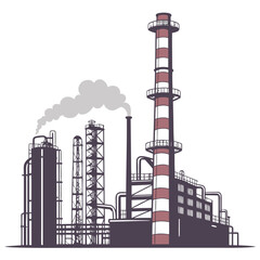 Industrial factory complex with tall smokestacks emitting smoke against a white background illustration