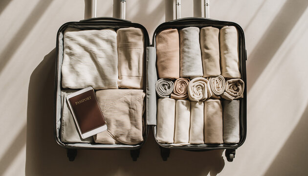 Minimal Carry-On Packing Flatlay with Neutral Rolled Clothes - Powered by Adobe