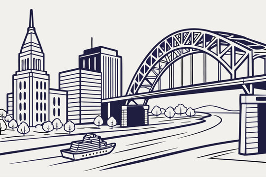 Minimalist Memphis skyline bridge minimal tone vector

