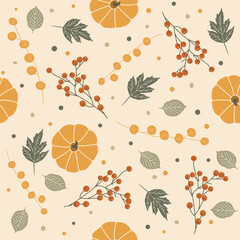 Seamless autumn pattern with pumpkins, berries and leaves in warm tones