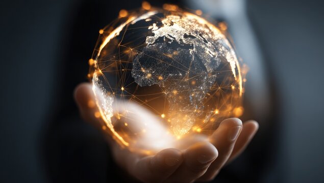 A hand holds a glowing, digital representation of Earth - Powered by Adobe