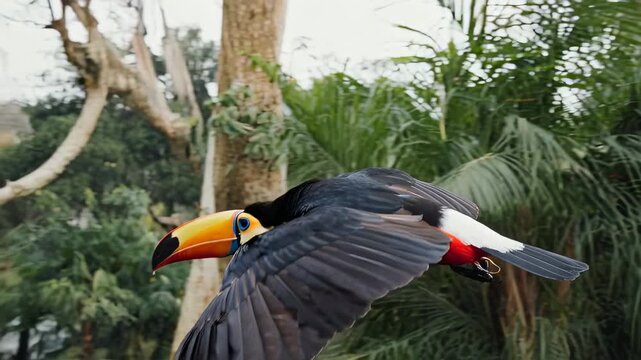 A toucan in flight with its colorful plumage on display against a backdrop of green foliage