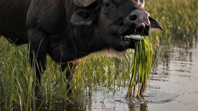 A buffalo grazing in shallow water while eating fresh grass
